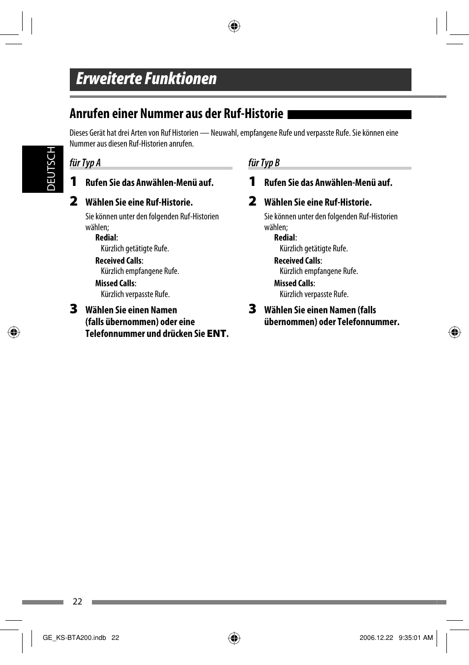 Erweiterte funktionen, Anrufen einer nummer aus der ruf-historie | JVC KS-BTA200 User Manual | Page 56 / 293
