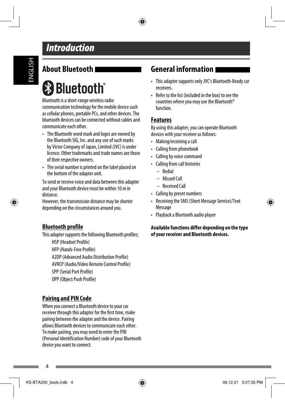 About bluetooth, General information, Introduction | JVC KS-BTA200 User Manual | Page 6 / 293