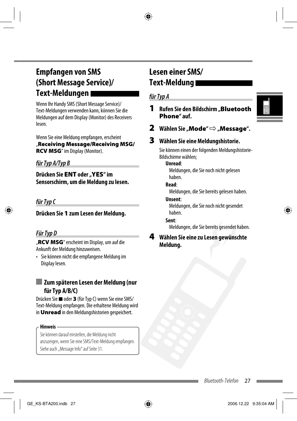 Lesen einer sms/ text-meldung | JVC KS-BTA200 User Manual | Page 61 / 293