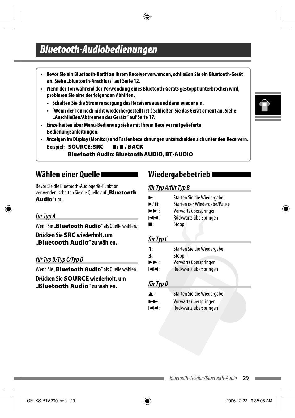 Bluetooth-audiobedienungen, Wählen einer quelle, Wiedergabebetrieb | JVC KS-BTA200 User Manual | Page 63 / 293