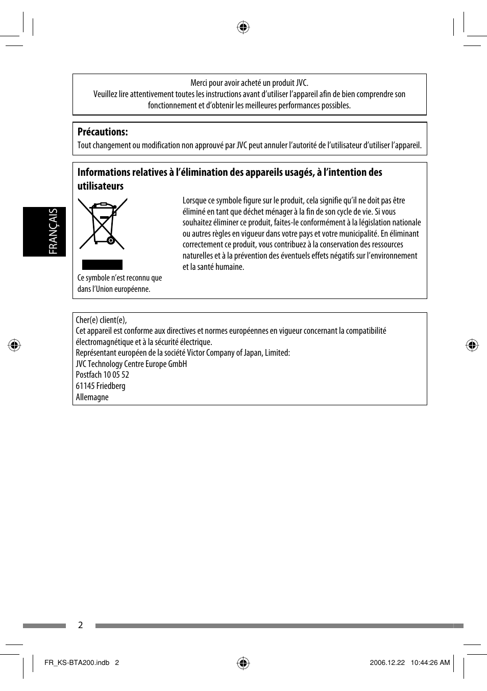 Français, Précautions | JVC KS-BTA200 User Manual | Page 68 / 293