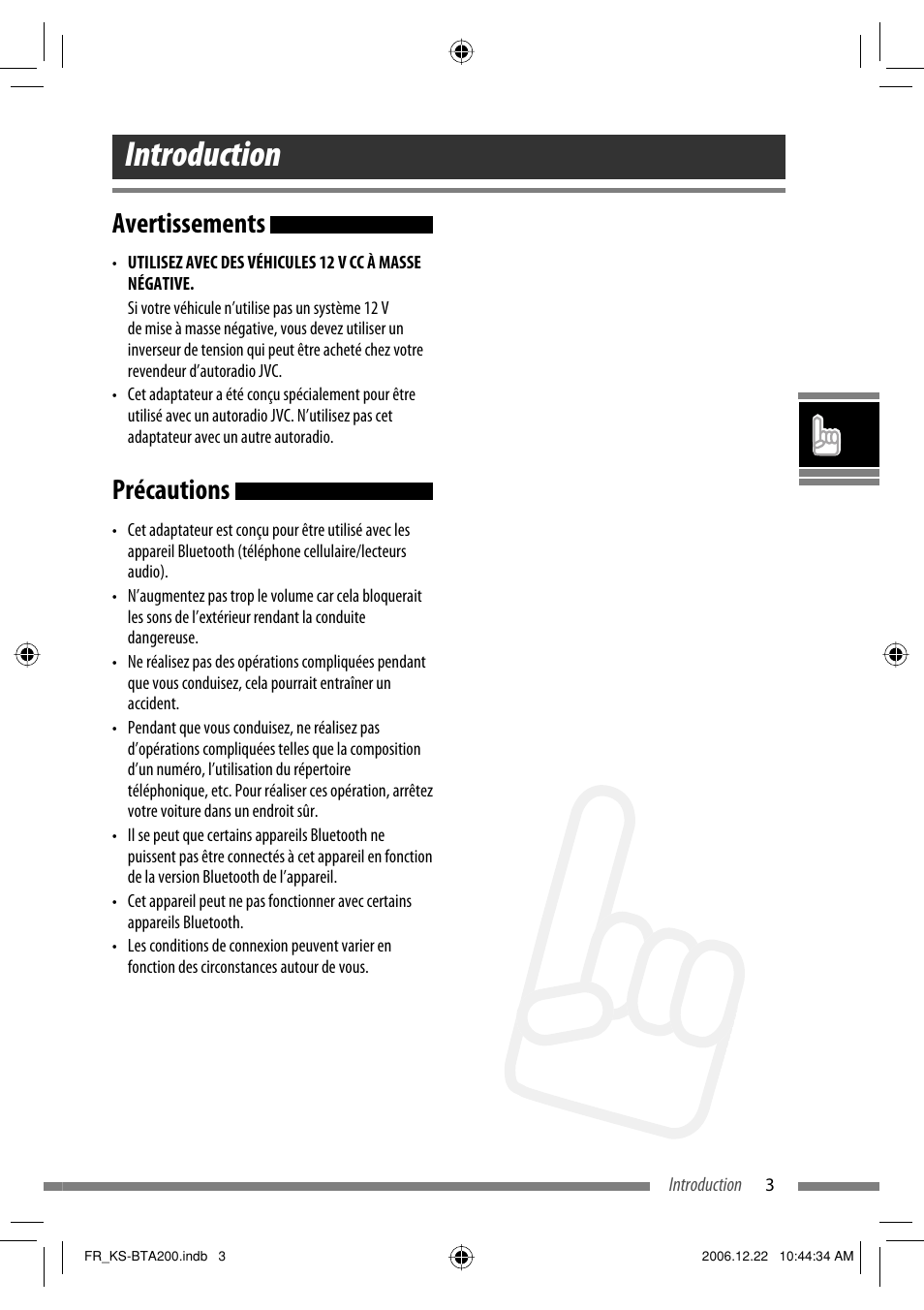 Introduction, Avertissements, Précautions | JVC KS-BTA200 User Manual | Page 69 / 293