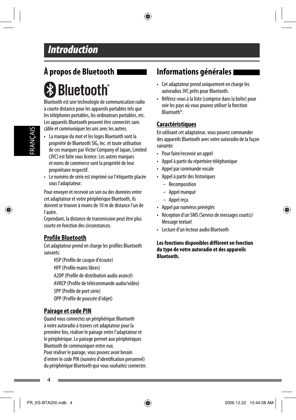 Introduction, Informations générales, À propos de bluetooth | JVC KS-BTA200 User Manual | Page 70 / 293
