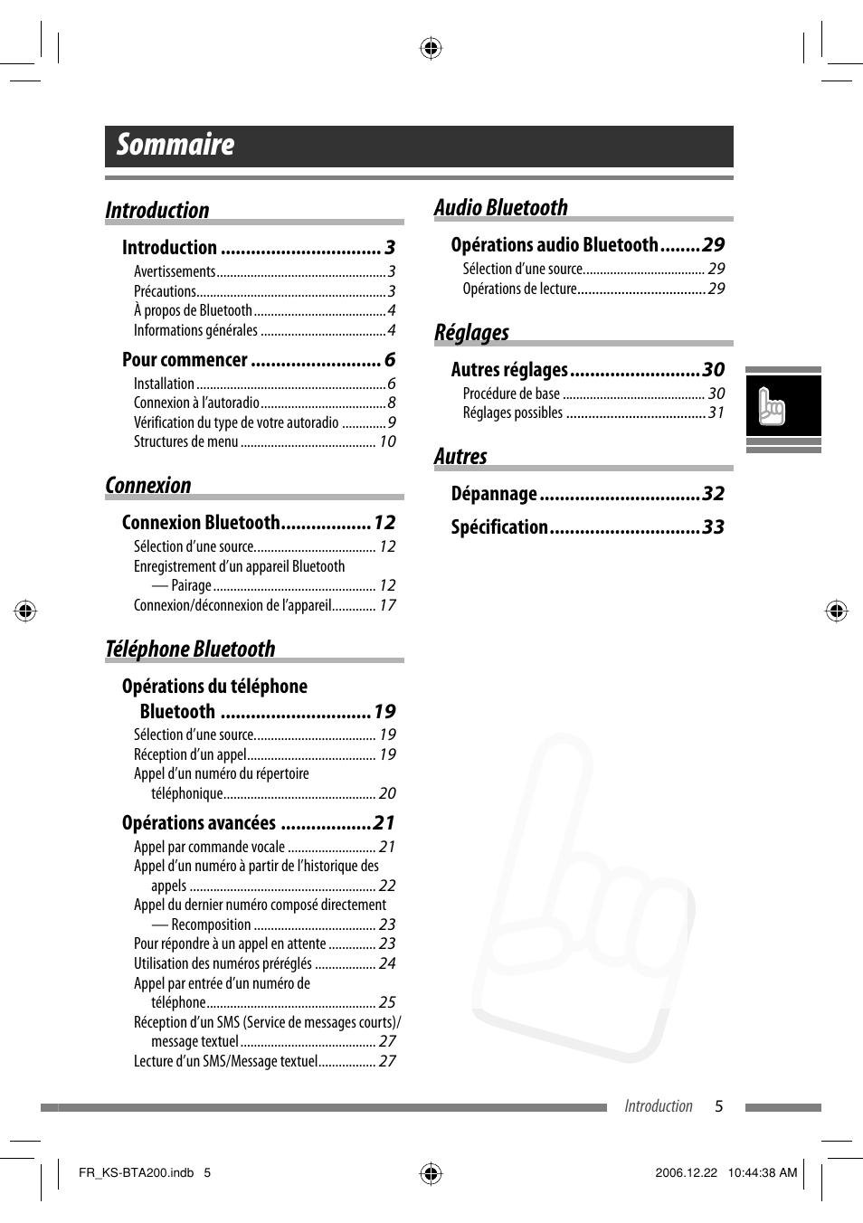 Sommaire, Introduction, Connexion | Téléphone bluetooth, Audio bluetooth, Réglages, Autres | JVC KS-BTA200 User Manual | Page 71 / 293