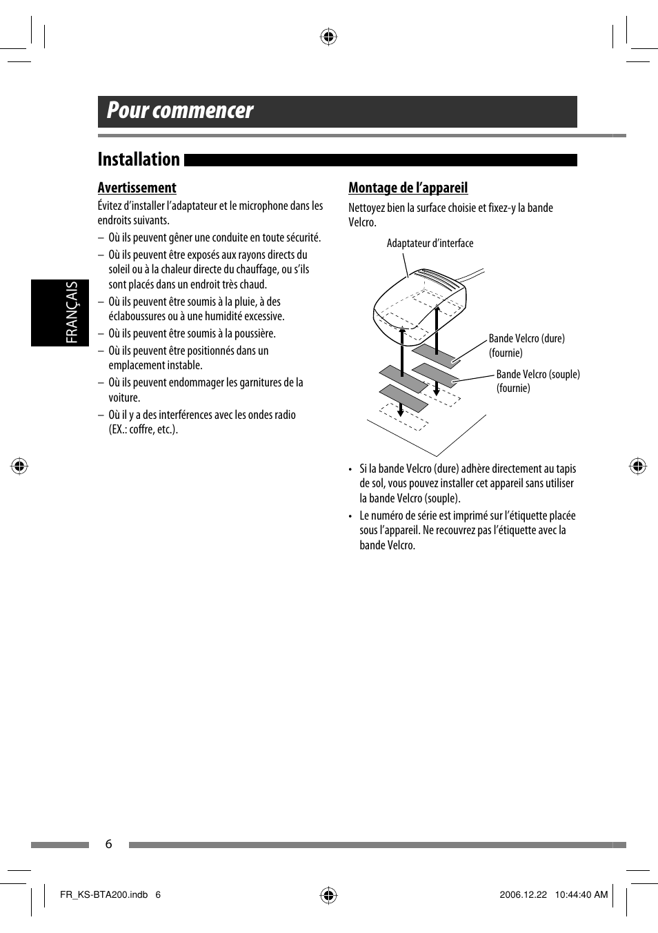 Pour commencer, Installation | JVC KS-BTA200 User Manual | Page 72 / 293