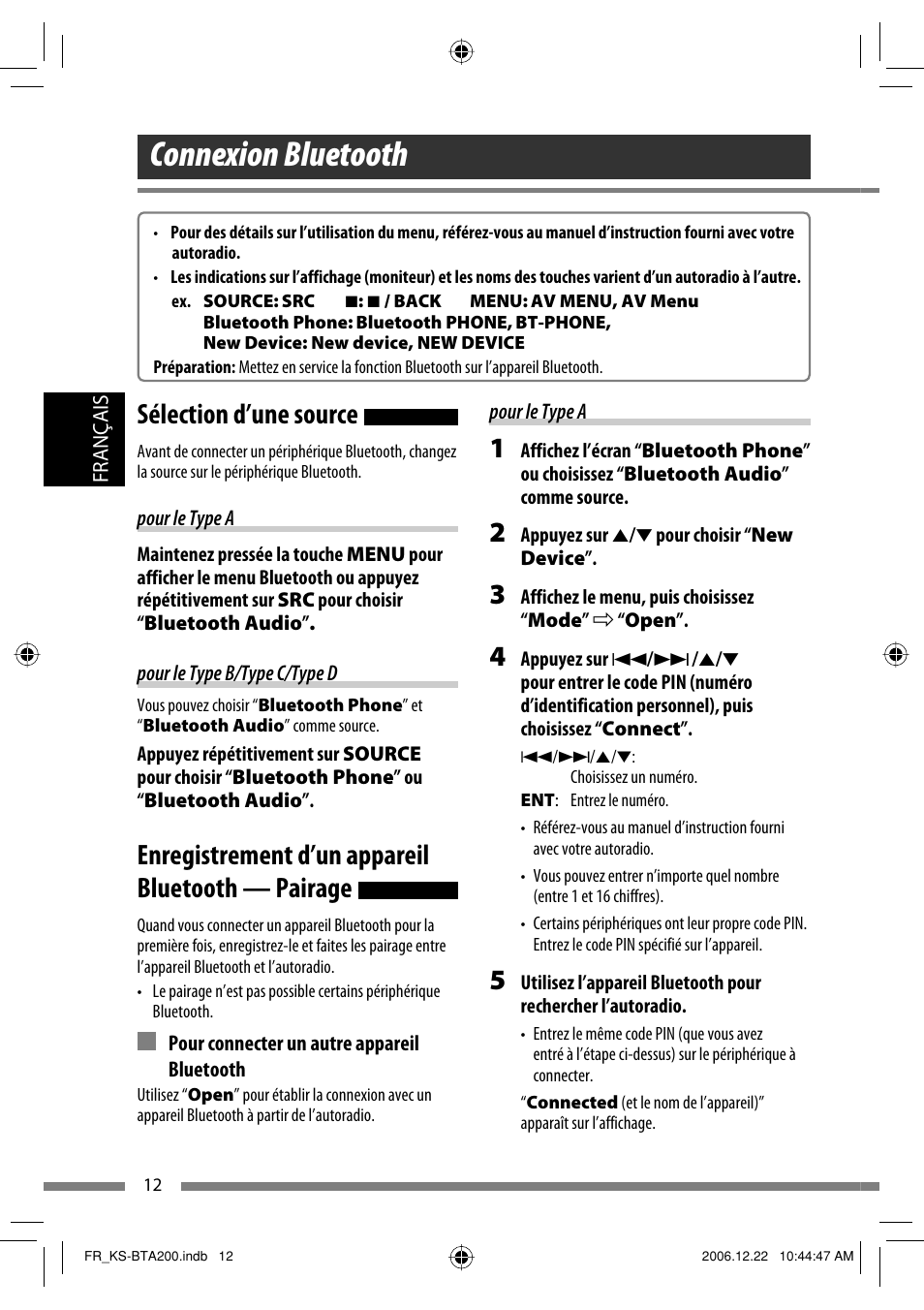 Connexion bluetooth, Sélection d’une source, Enregistrement d’un appareil bluetooth — pairage | JVC KS-BTA200 User Manual | Page 78 / 293