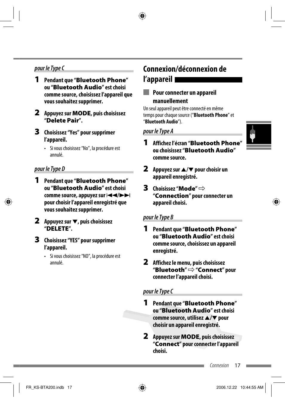 Connexion/déconnexion de l’appareil | JVC KS-BTA200 User Manual | Page 83 / 293