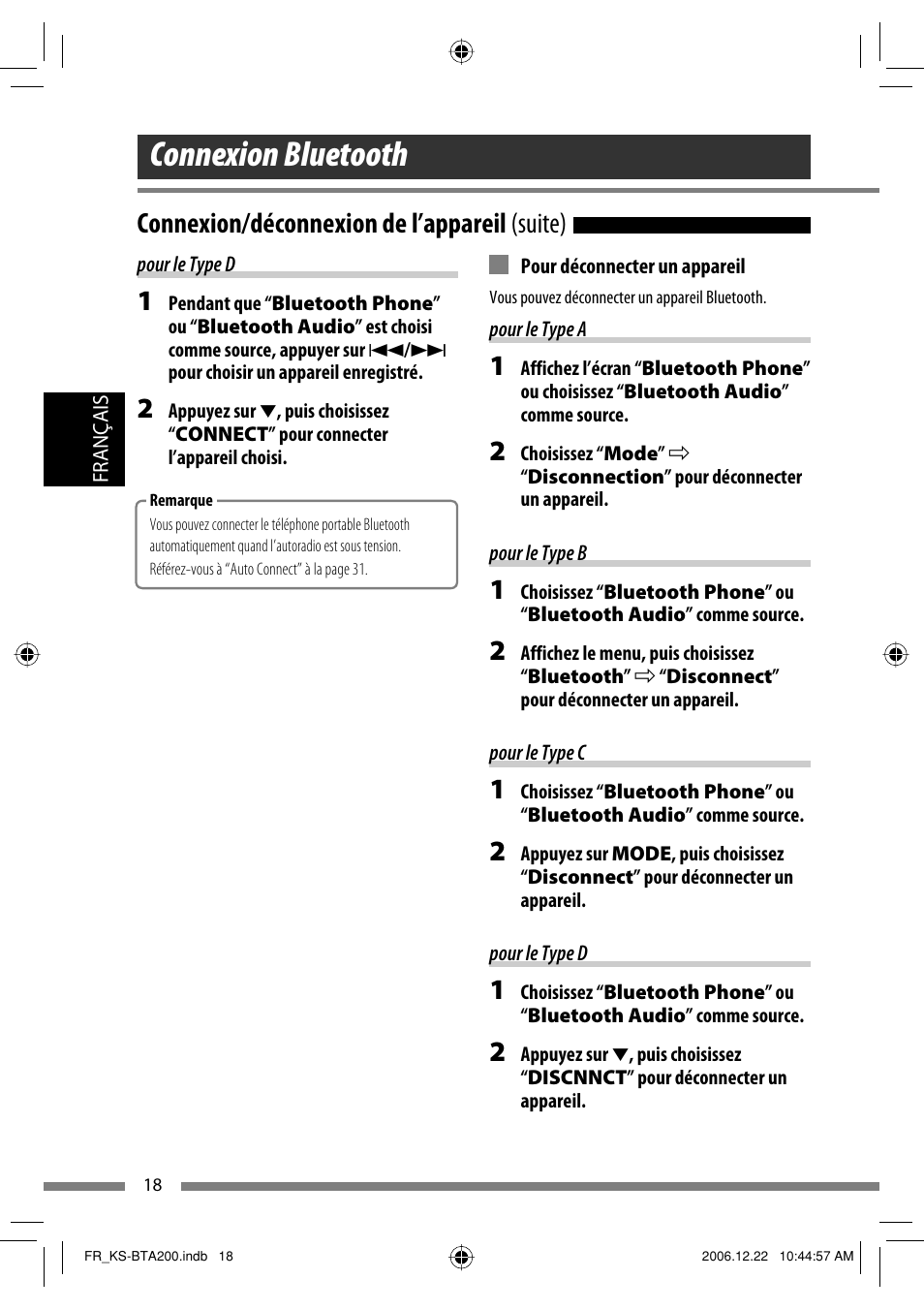 Connexion bluetooth, Connexion/déconnexion de l’appareil (suite) | JVC KS-BTA200 User Manual | Page 84 / 293