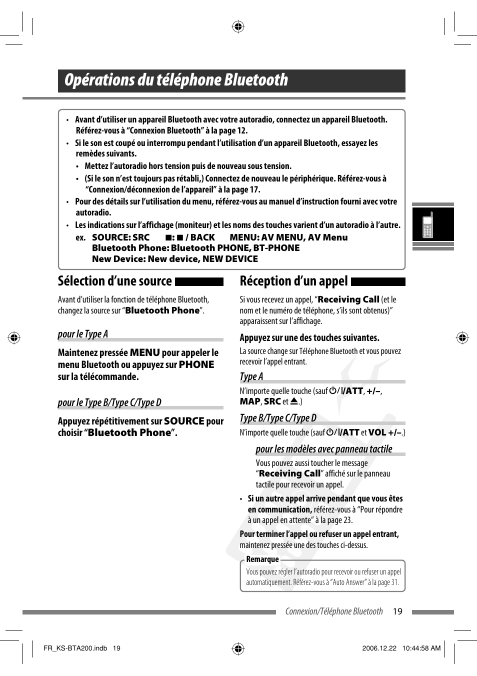 Opérations du téléphone bluetooth, Réception d’un appel, Sélection d’une source | JVC KS-BTA200 User Manual | Page 85 / 293