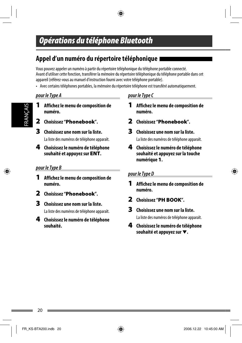 Opérations du téléphone bluetooth, Appel d’un numéro du répertoire téléphonique | JVC KS-BTA200 User Manual | Page 86 / 293