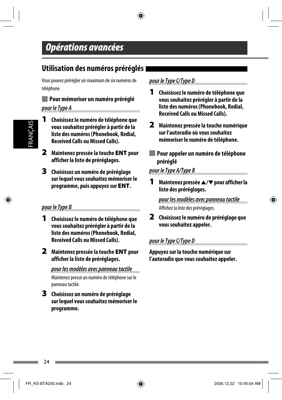 Opérations avancées, Utilisation des numéros préréglés | JVC KS-BTA200 User Manual | Page 90 / 293