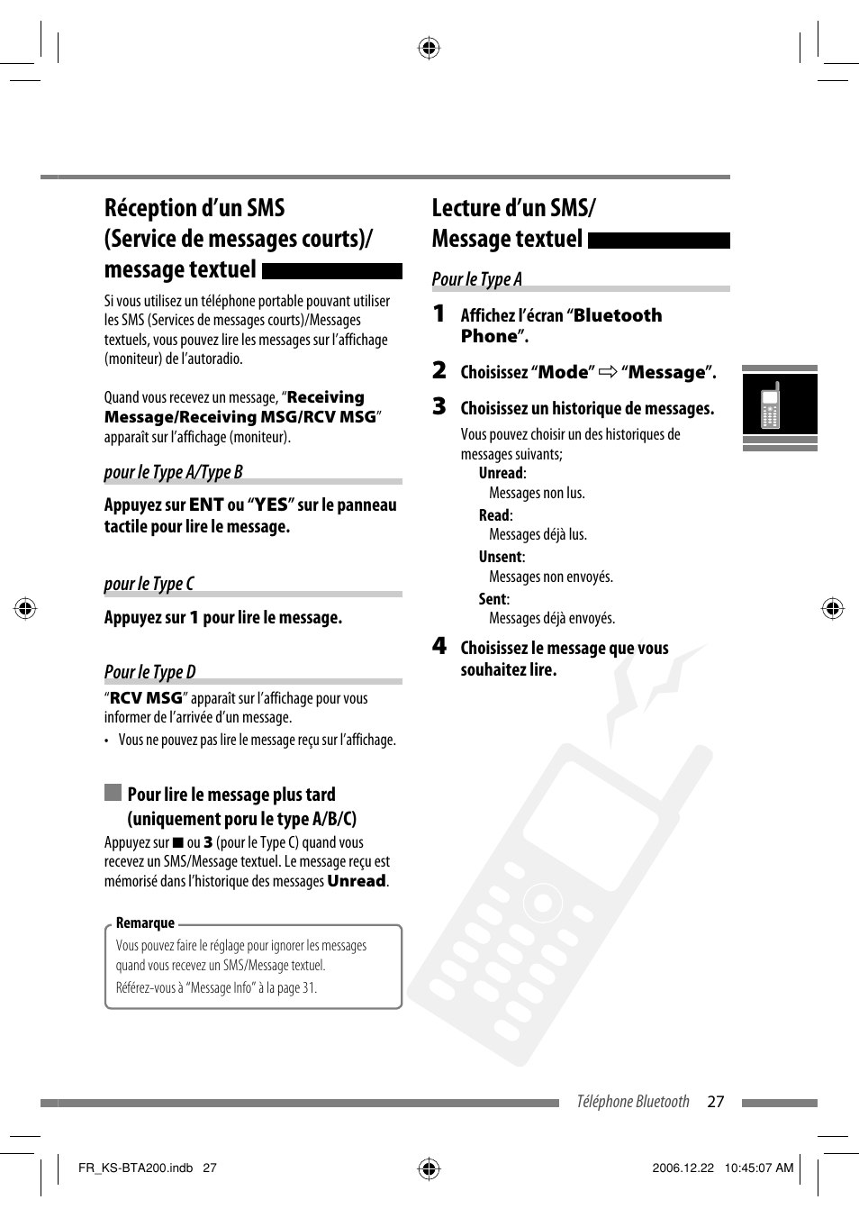 Lecture d’un sms/ message textuel | JVC KS-BTA200 User Manual | Page 93 / 293