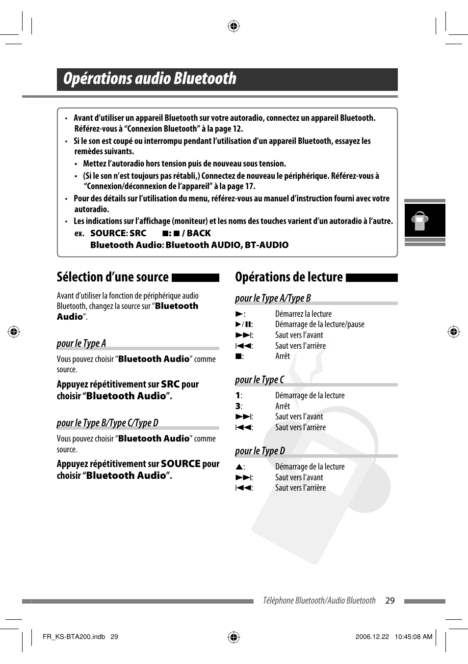 Opérations audio bluetooth, Sélection d’une source, Opérations de lecture | JVC KS-BTA200 User Manual | Page 95 / 293