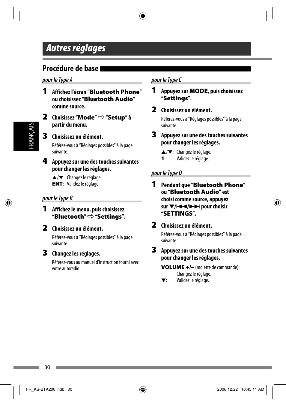 Autres réglages, Procédure de base | JVC KS-BTA200 User Manual | Page 96 / 293