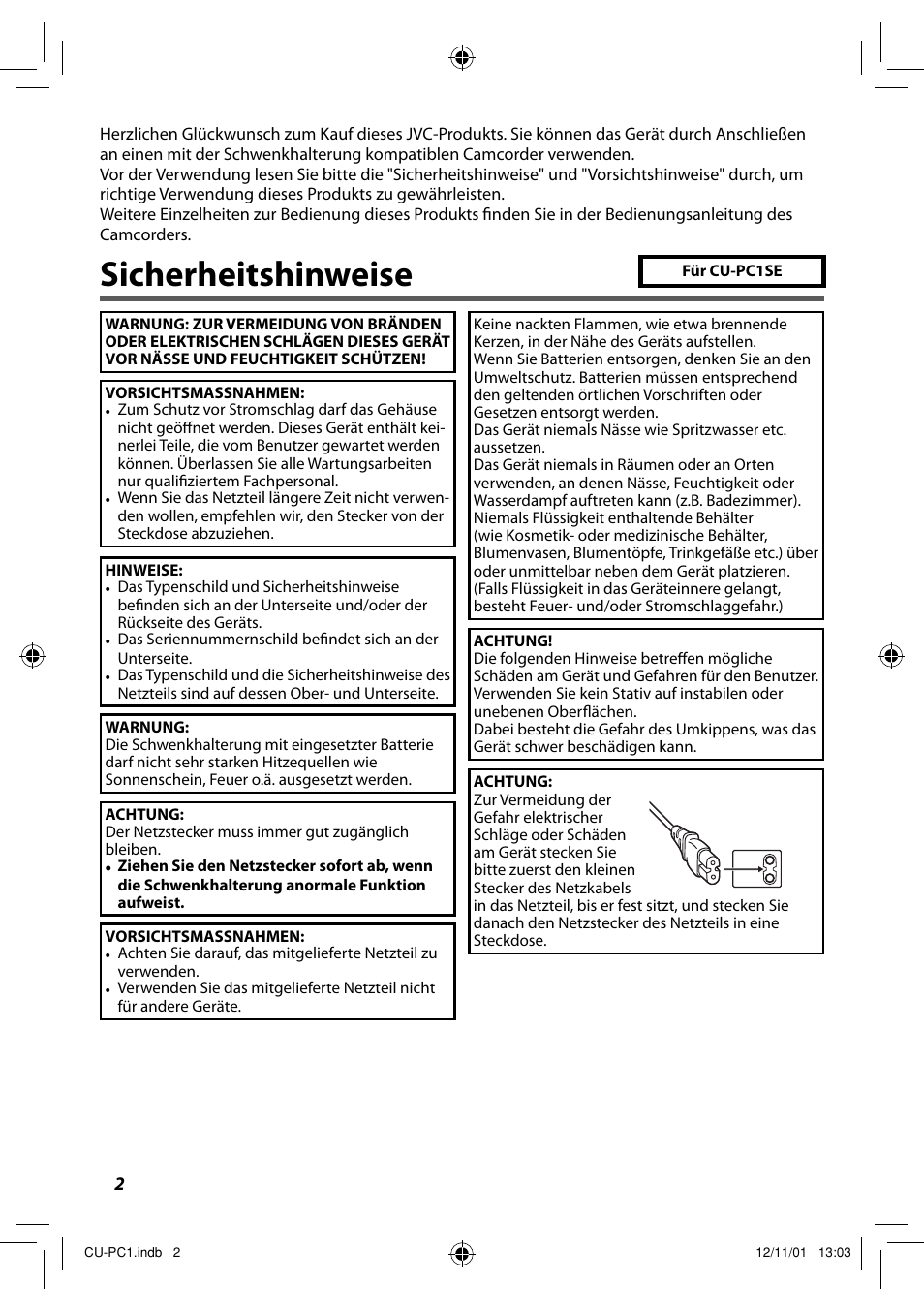 Deutsch, Sicherheitshinweise | JVC CU-PC1 User Manual | Page 10 / 96