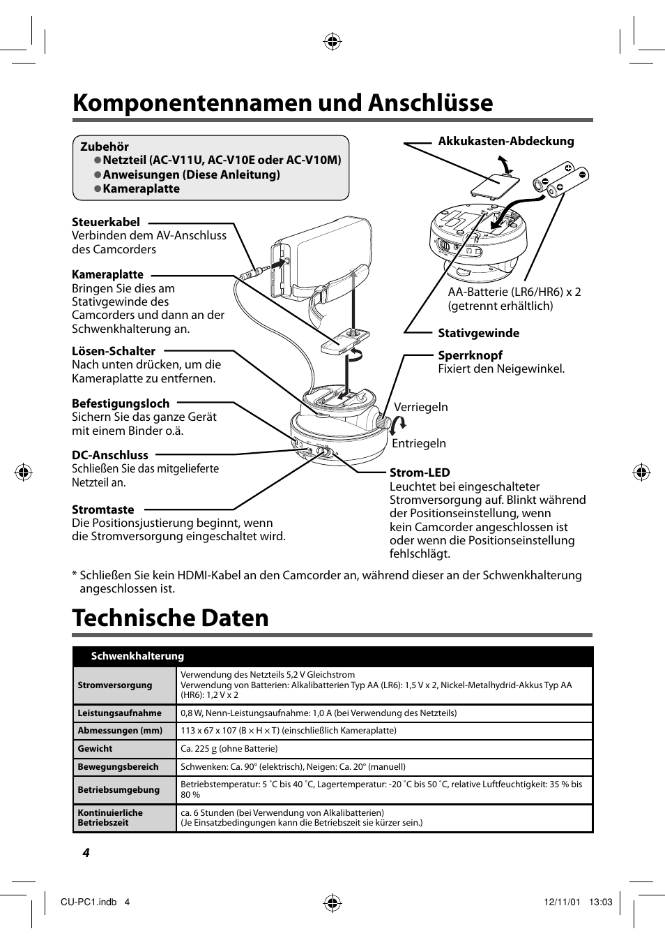 Komponentennamen und anschlüsse, Technische daten, Komponentennamen und anschlüsse technische daten | JVC CU-PC1 User Manual | Page 12 / 96