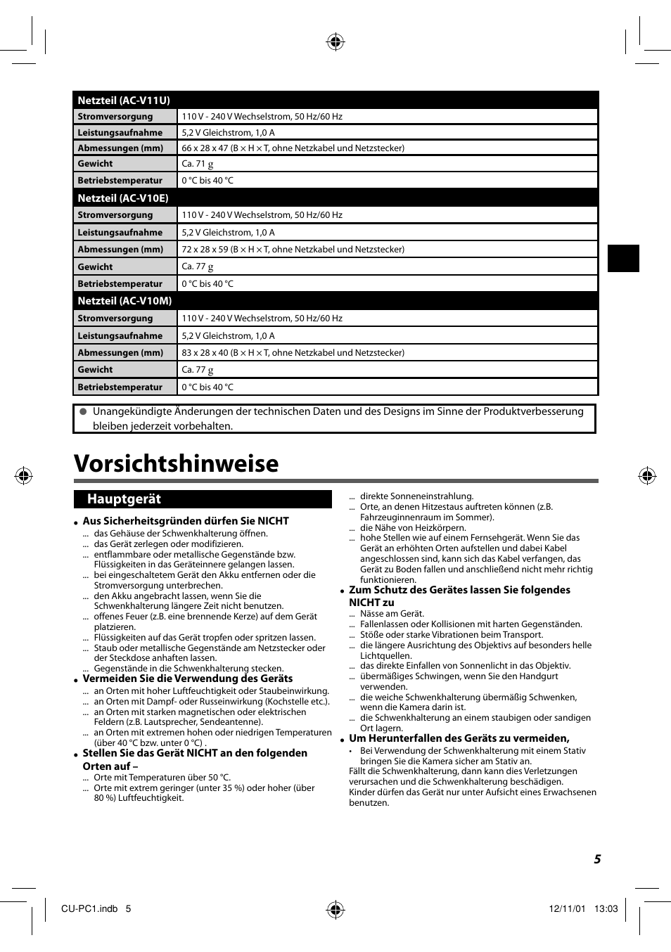 Vorsichtshinweise, Hauptgerät | JVC CU-PC1 User Manual | Page 13 / 96