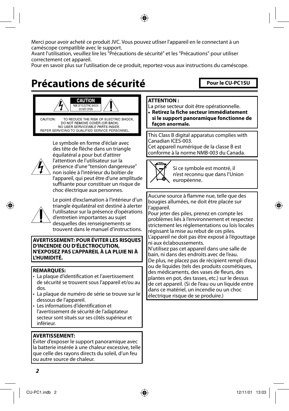 Français, Précautions de sécurité | JVC CU-PC1 User Manual | Page 14 / 96