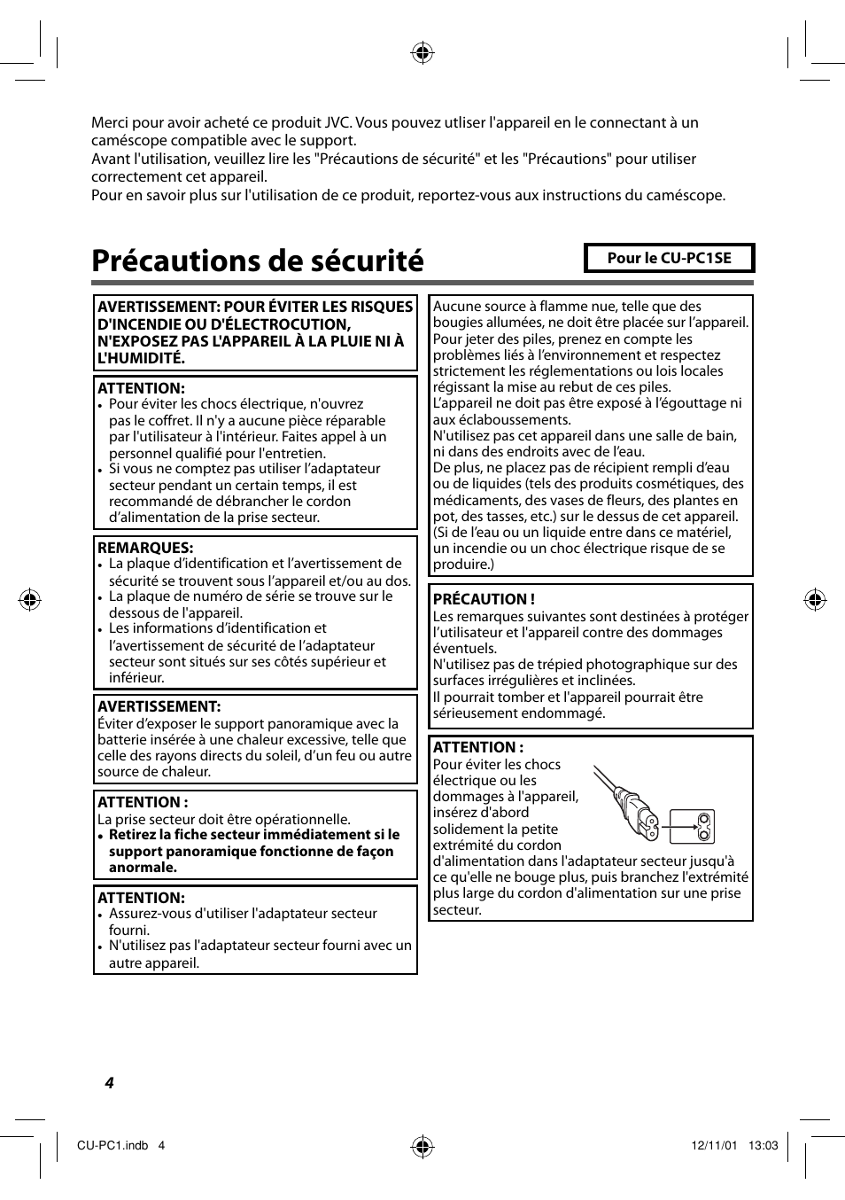 Précautions de sécurité | JVC CU-PC1 User Manual | Page 16 / 96