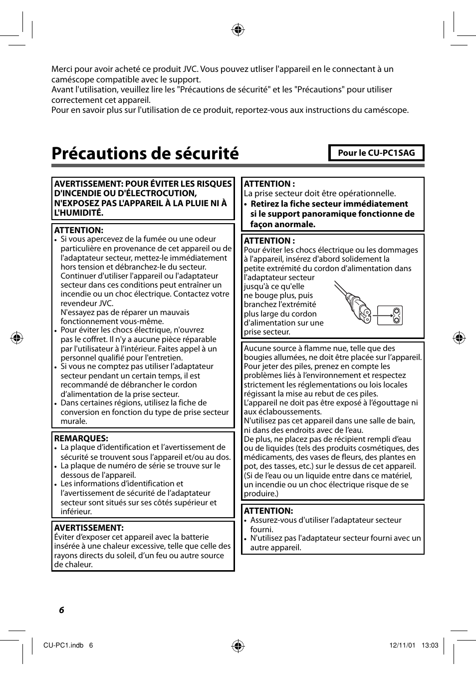 Précautions de sécurité | JVC CU-PC1 User Manual | Page 18 / 96