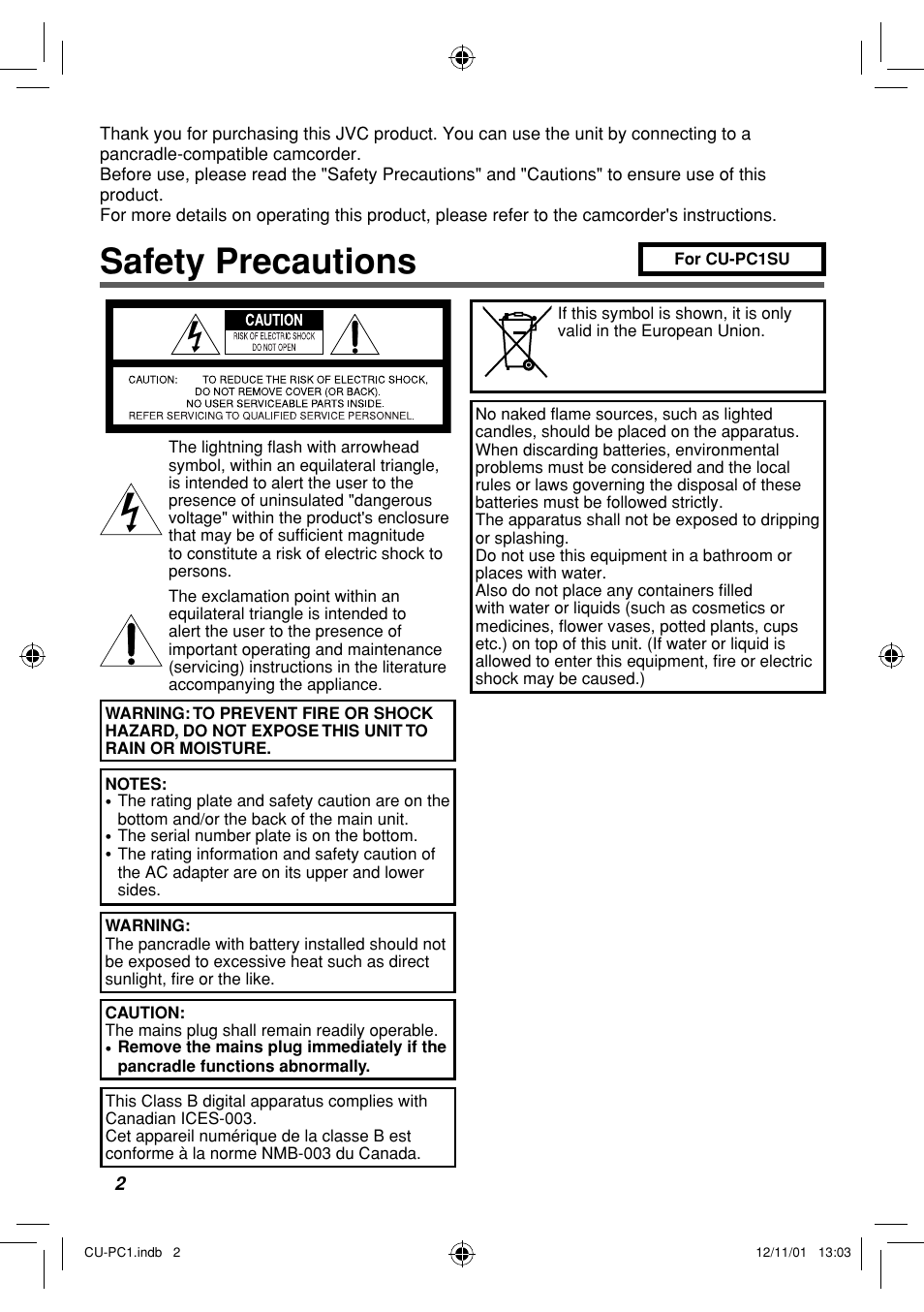 English, Safety precautions | JVC CU-PC1 User Manual | Page 2 / 96