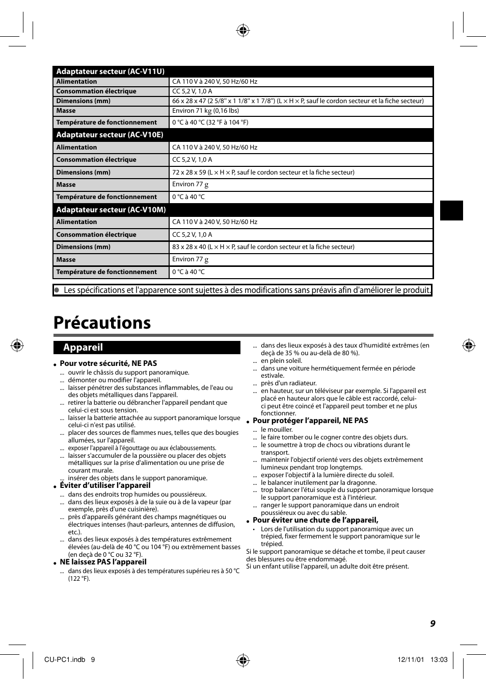 Précautions, Appareil | JVC CU-PC1 User Manual | Page 21 / 96