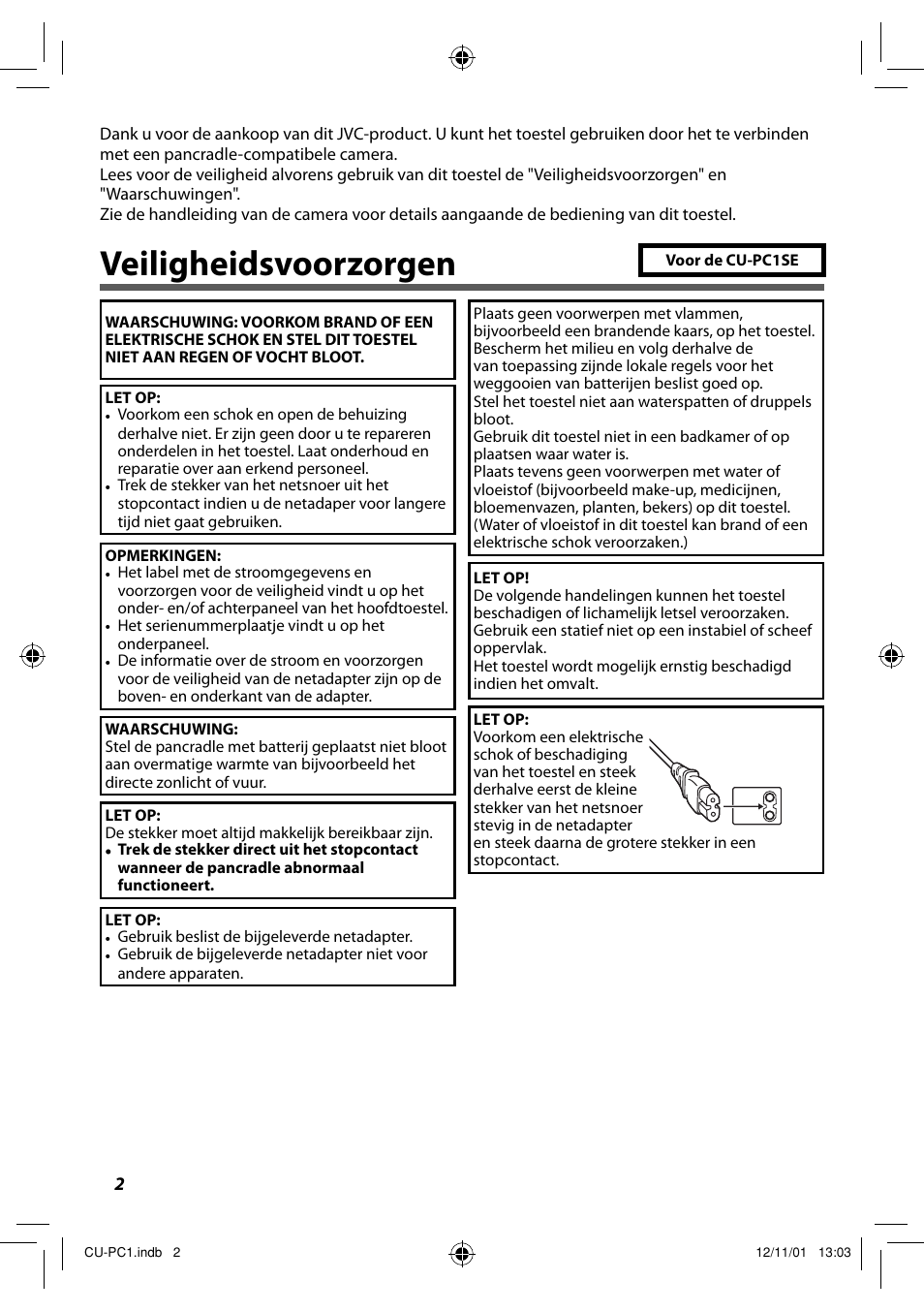 Nederlands, Veiligheidsvoorzorgen | JVC CU-PC1 User Manual | Page 22 / 96