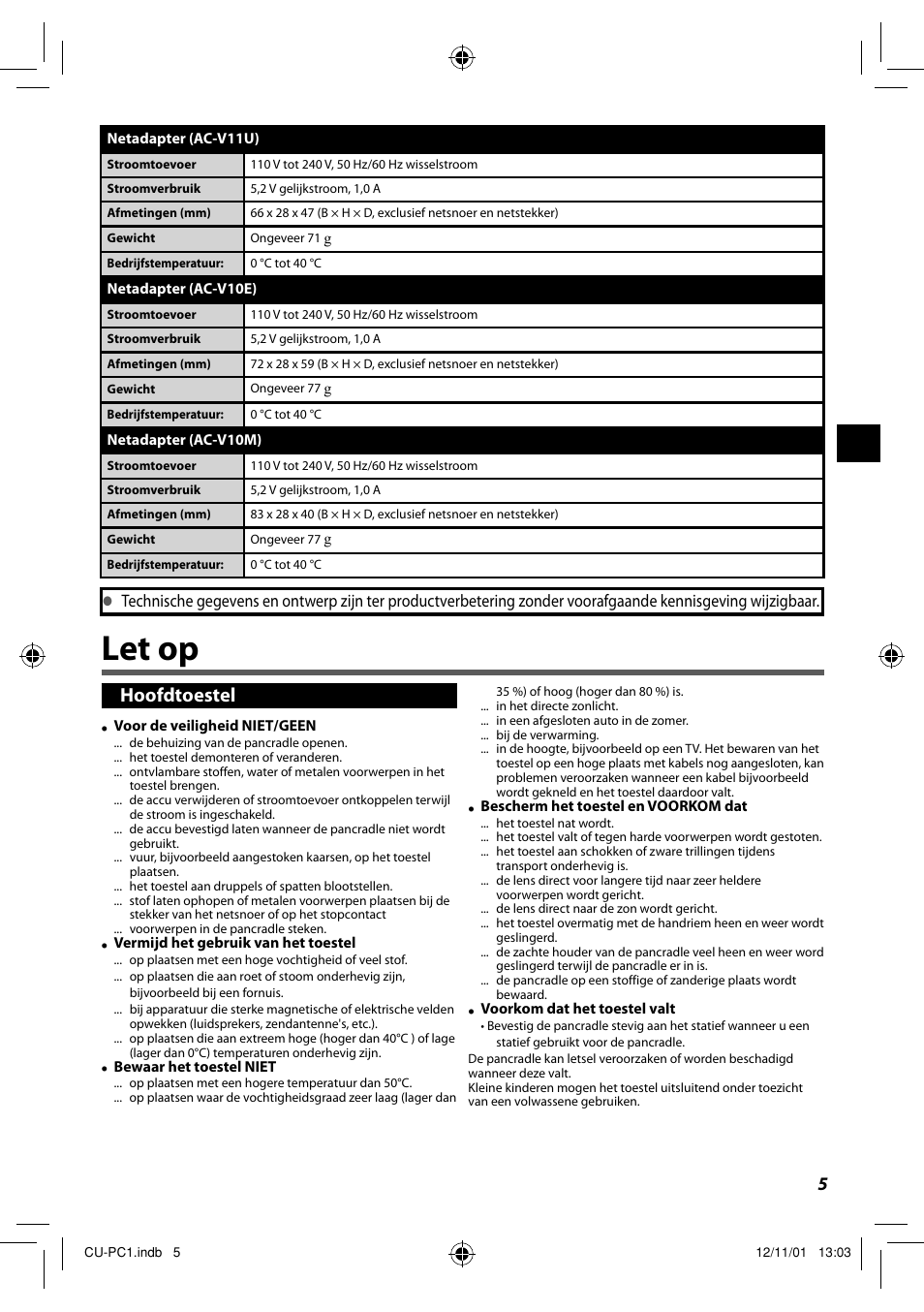 Let op, Hoofdtoestel | JVC CU-PC1 User Manual | Page 25 / 96