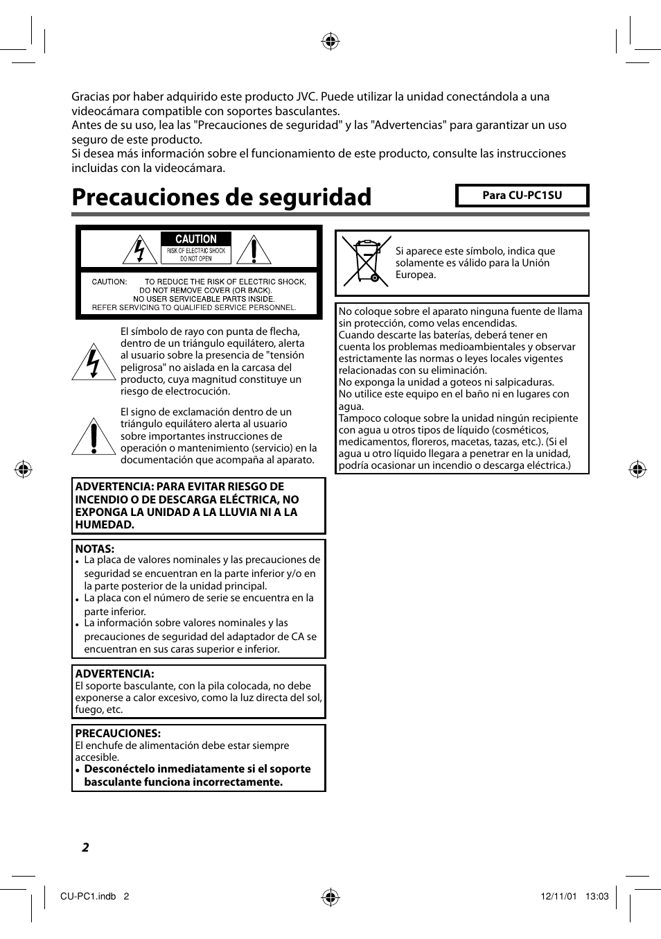 Español, Precauciones de seguridad | JVC CU-PC1 User Manual | Page 26 / 96