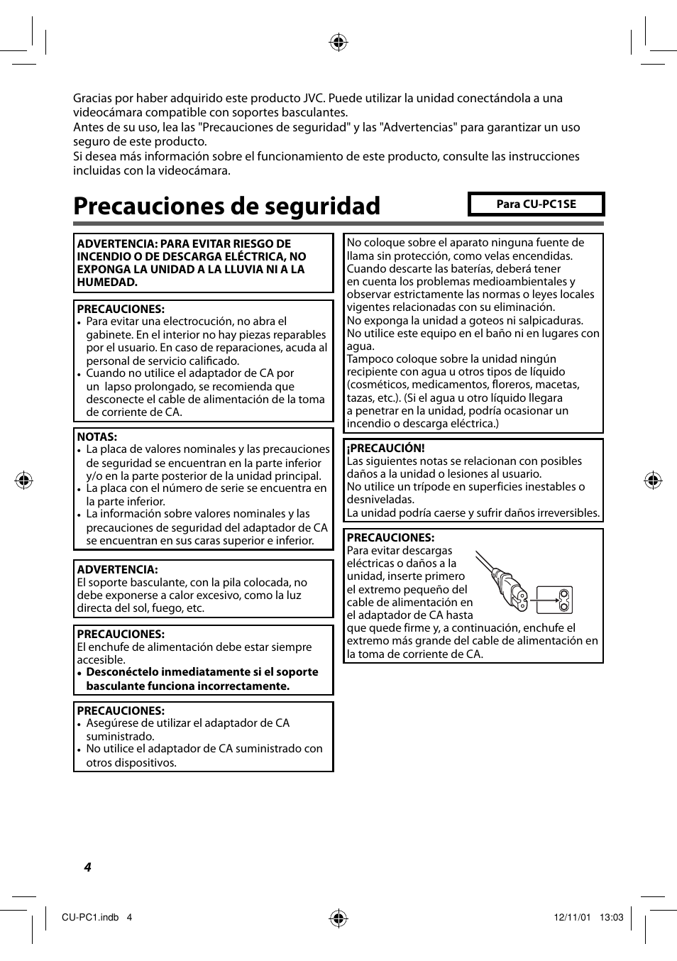 Precauciones de seguridad | JVC CU-PC1 User Manual | Page 28 / 96