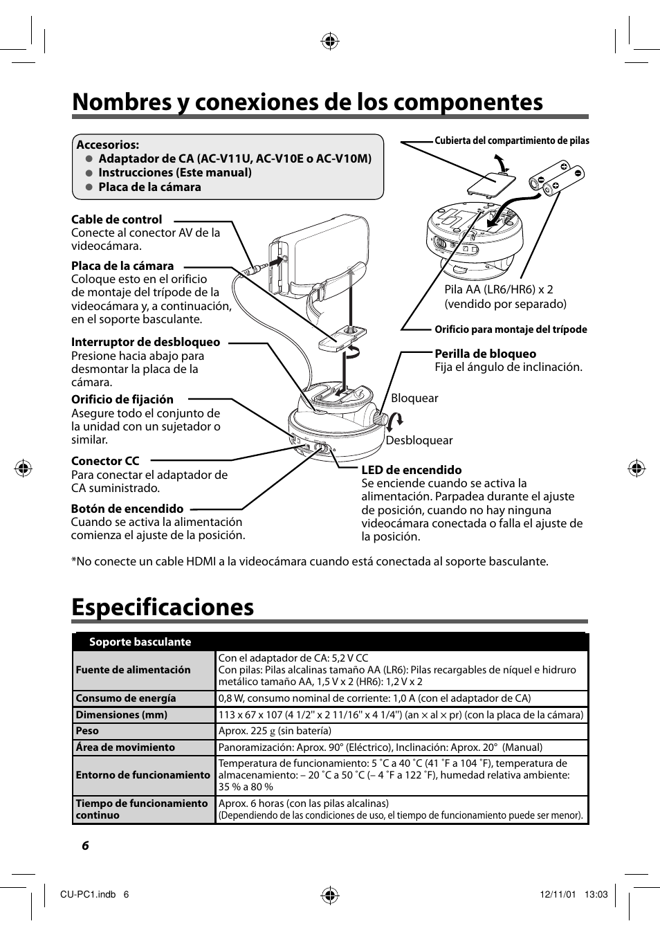Nombres y conexiones de los componentes, Especificaciones | JVC CU-PC1 User Manual | Page 30 / 96