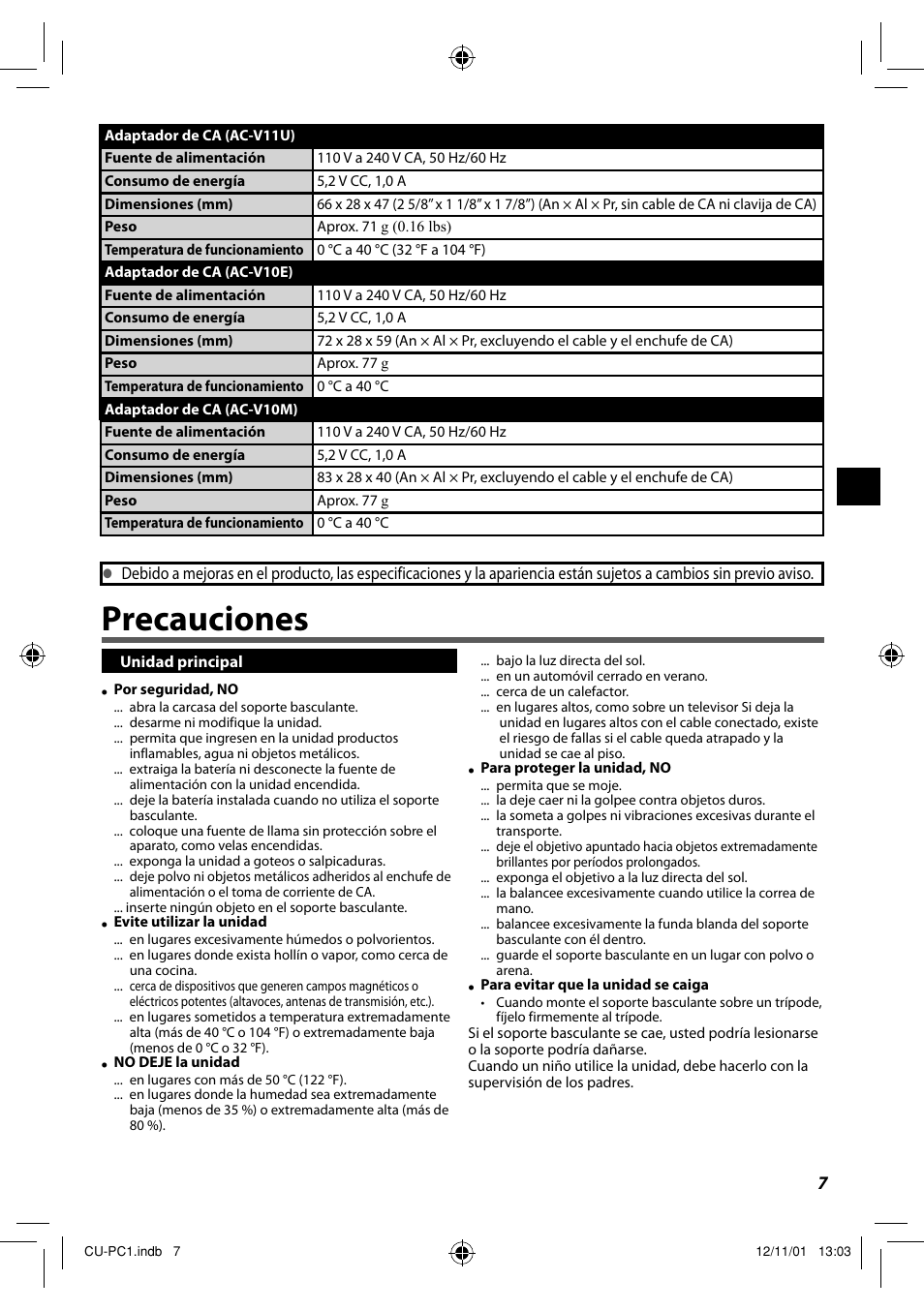 Precauciones | JVC CU-PC1 User Manual | Page 31 / 96