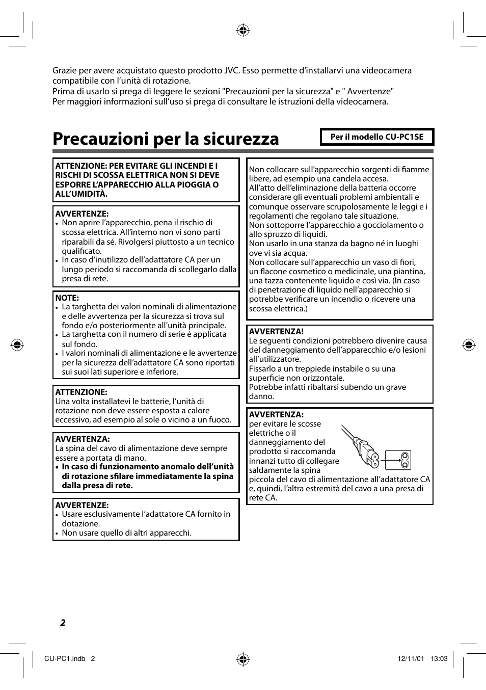 Italiano, Precauzioni per la sicurezza | JVC CU-PC1 User Manual | Page 32 / 96