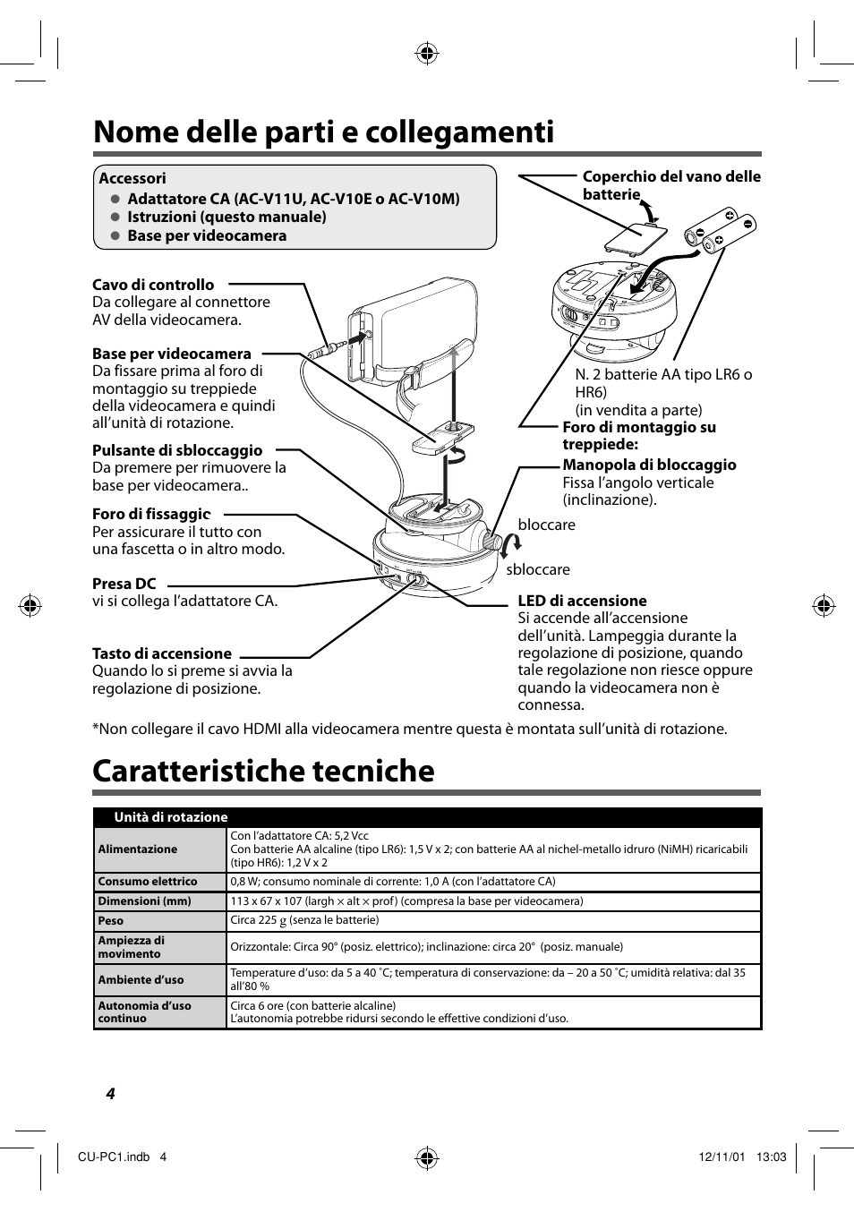 Nome delle parti e collegamenti, Caratteristiche tecniche | JVC CU-PC1 User Manual | Page 34 / 96