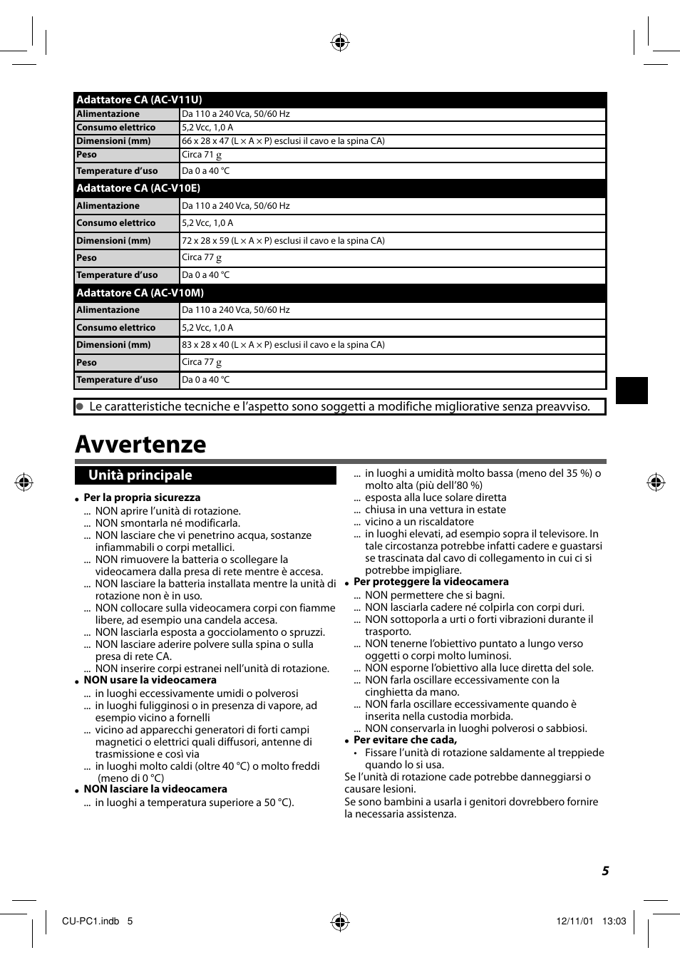 Avvertenze, Unità principale | JVC CU-PC1 User Manual | Page 35 / 96