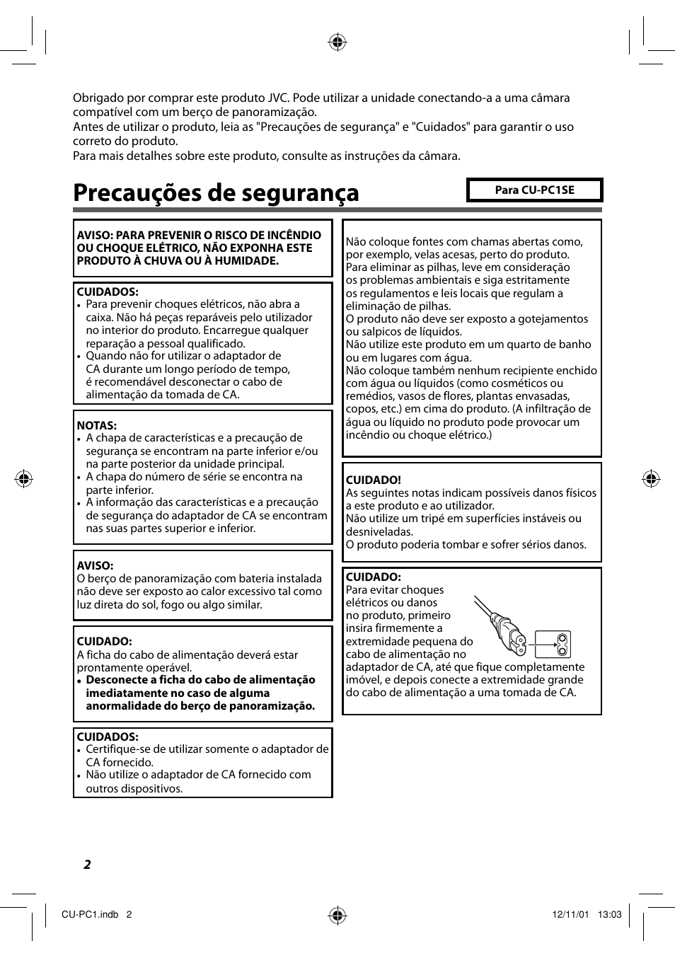 Português, Precauções de segurança | JVC CU-PC1 User Manual | Page 36 / 96