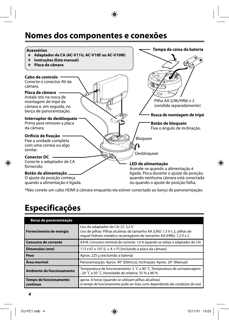 Nomes dos componentes e conexões, Especificações, Nomes dos componentes e conexões especificações | JVC CU-PC1 User Manual | Page 38 / 96