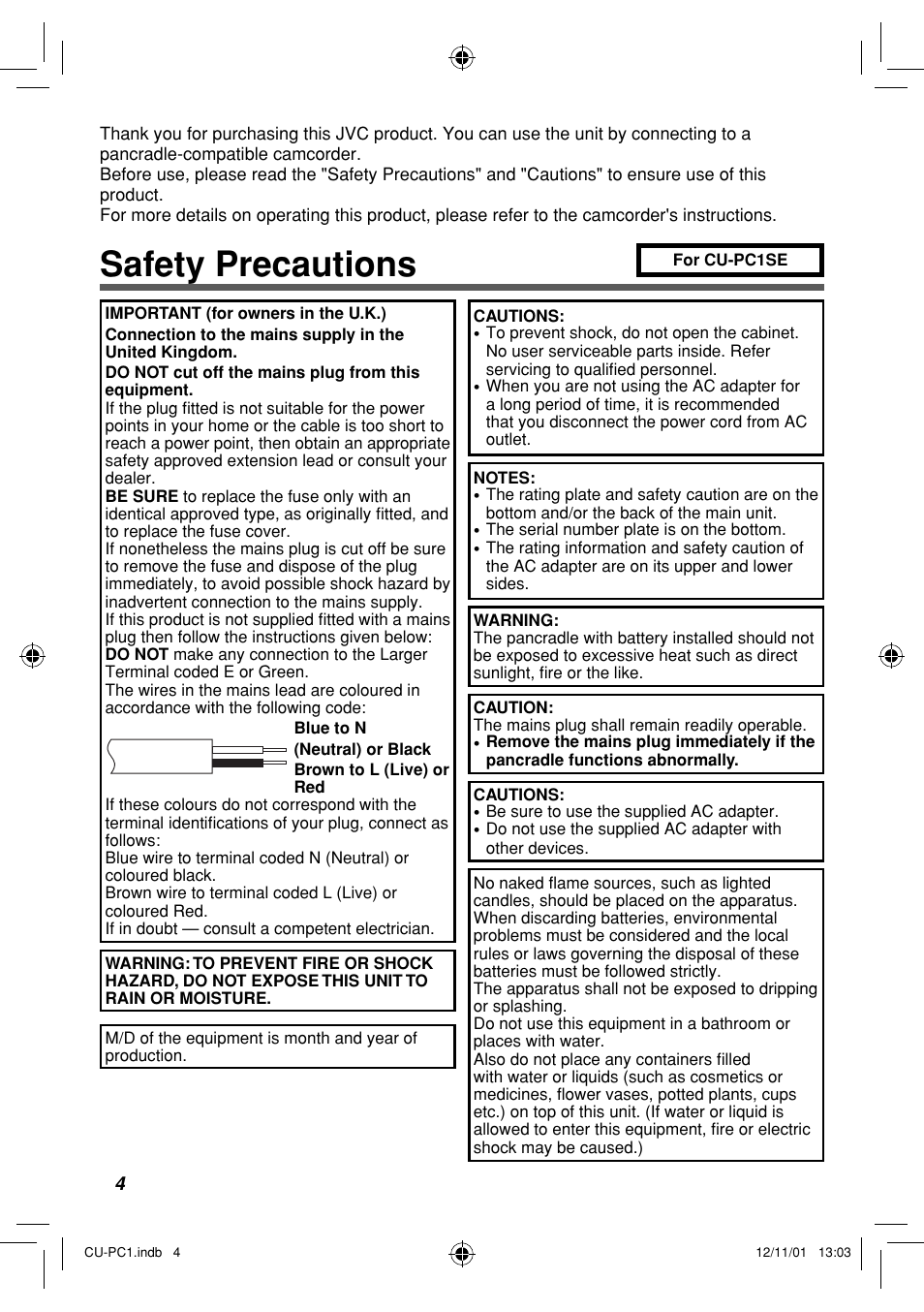 Safety precautions | JVC CU-PC1 User Manual | Page 4 / 96