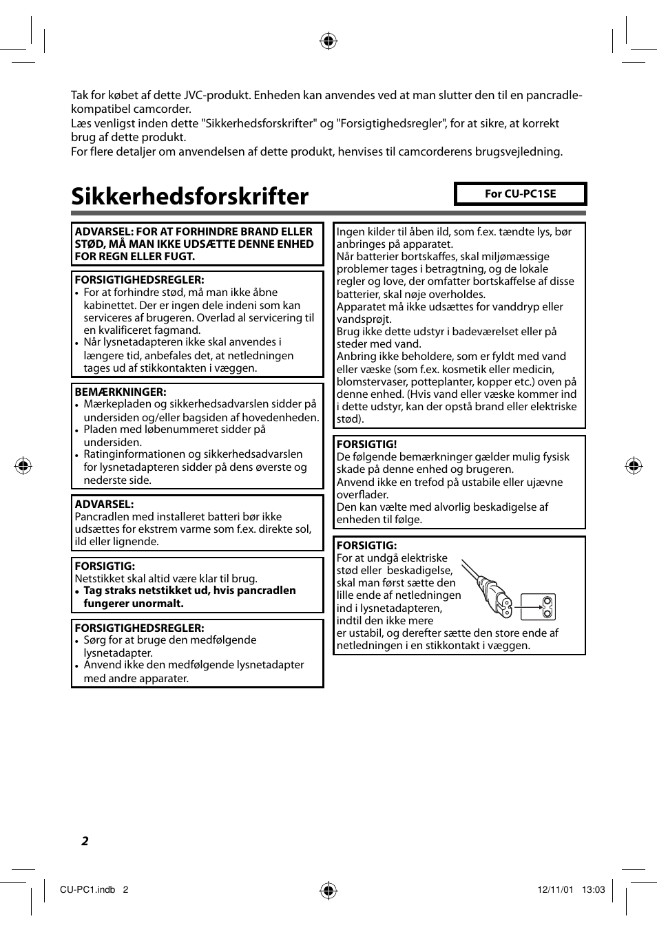 Dansk, Sikkerhedsforskrifter | JVC CU-PC1 User Manual | Page 40 / 96