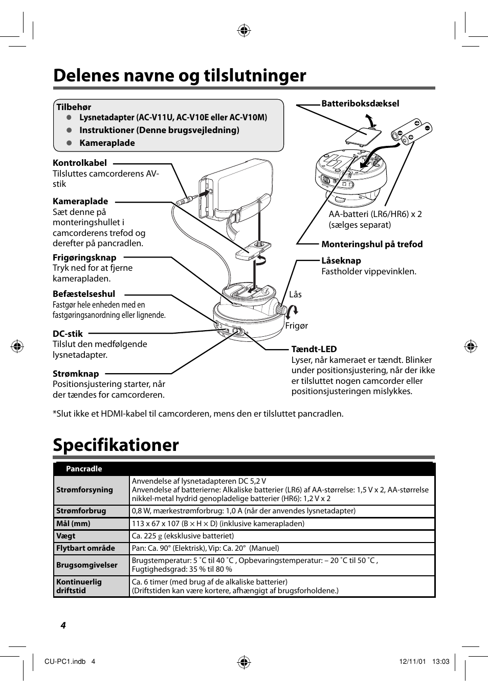 Delenes navne og tilslutninger, Specifikationer, Delenes navne og tilslutninger specifikationer | JVC CU-PC1 User Manual | Page 42 / 96