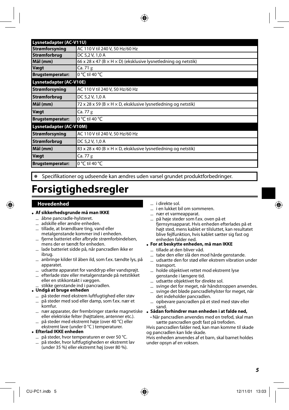 Forsigtighedsregler | JVC CU-PC1 User Manual | Page 43 / 96