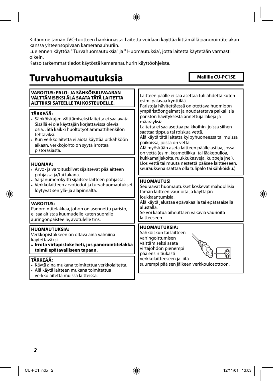 Suomi, Turvahuomautuksia | JVC CU-PC1 User Manual | Page 44 / 96