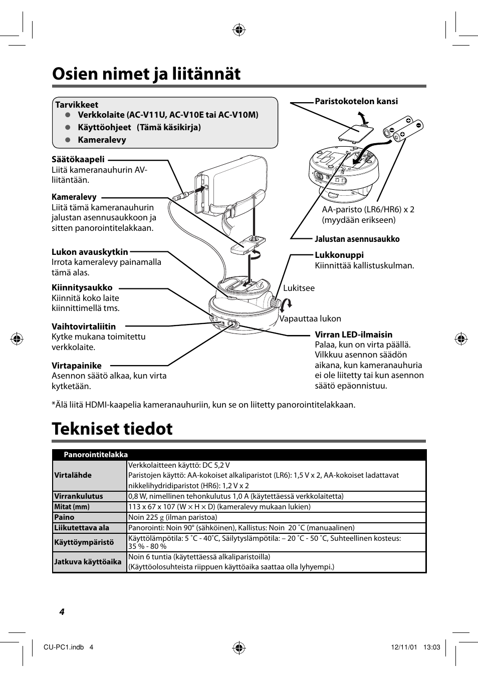 Osien nimet ja liitännät, Tekniset tiedot, Osien nimet ja liitännät tekniset tiedot | JVC CU-PC1 User Manual | Page 46 / 96