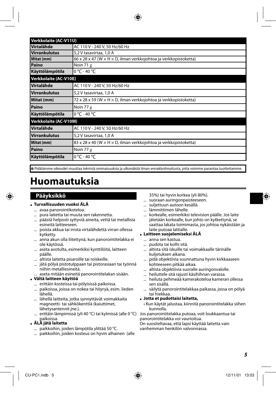 Huomautuksia, Pääyksikkö | JVC CU-PC1 User Manual | Page 47 / 96