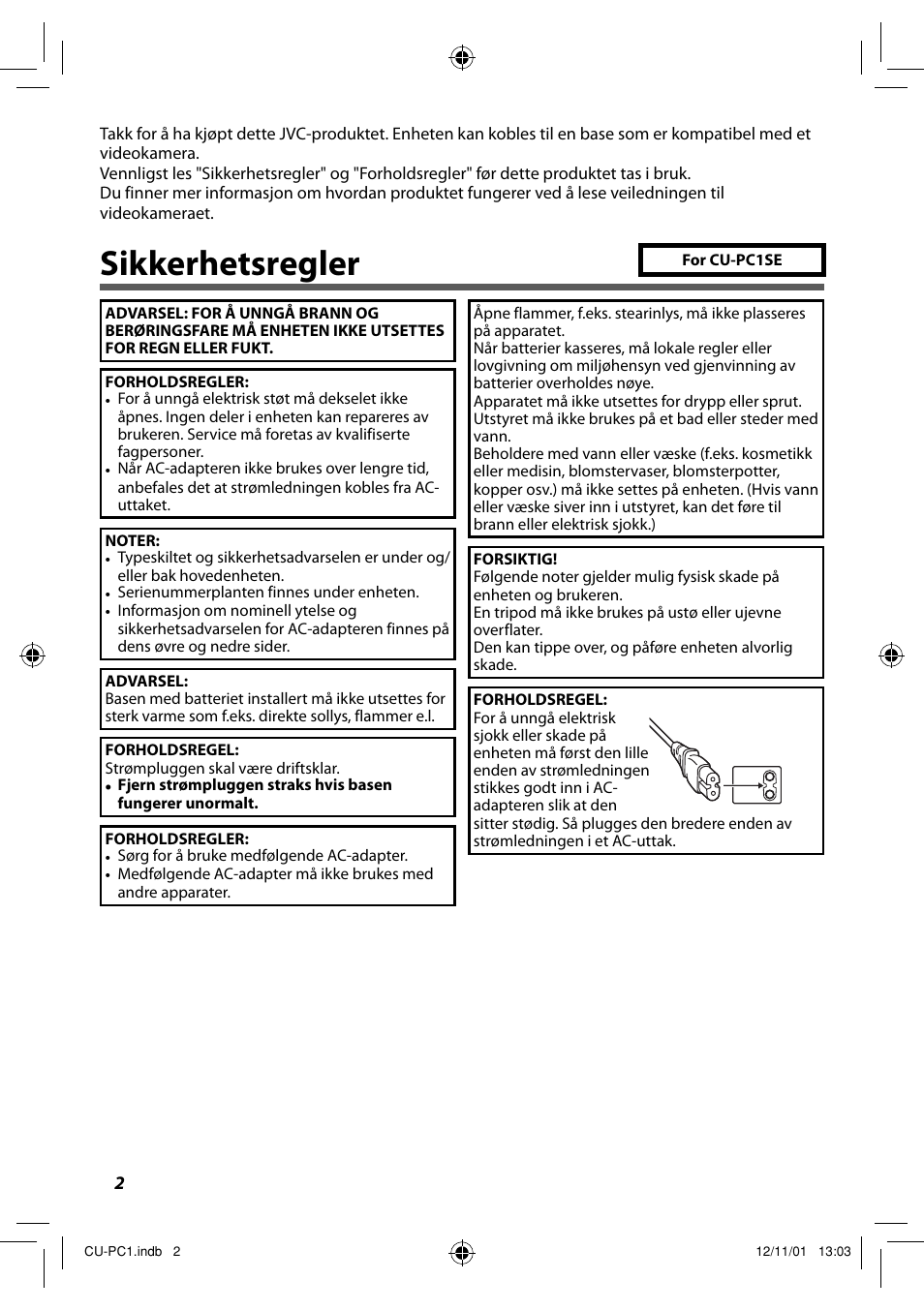 Norsk, Sikkerhetsregler | JVC CU-PC1 User Manual | Page 48 / 96