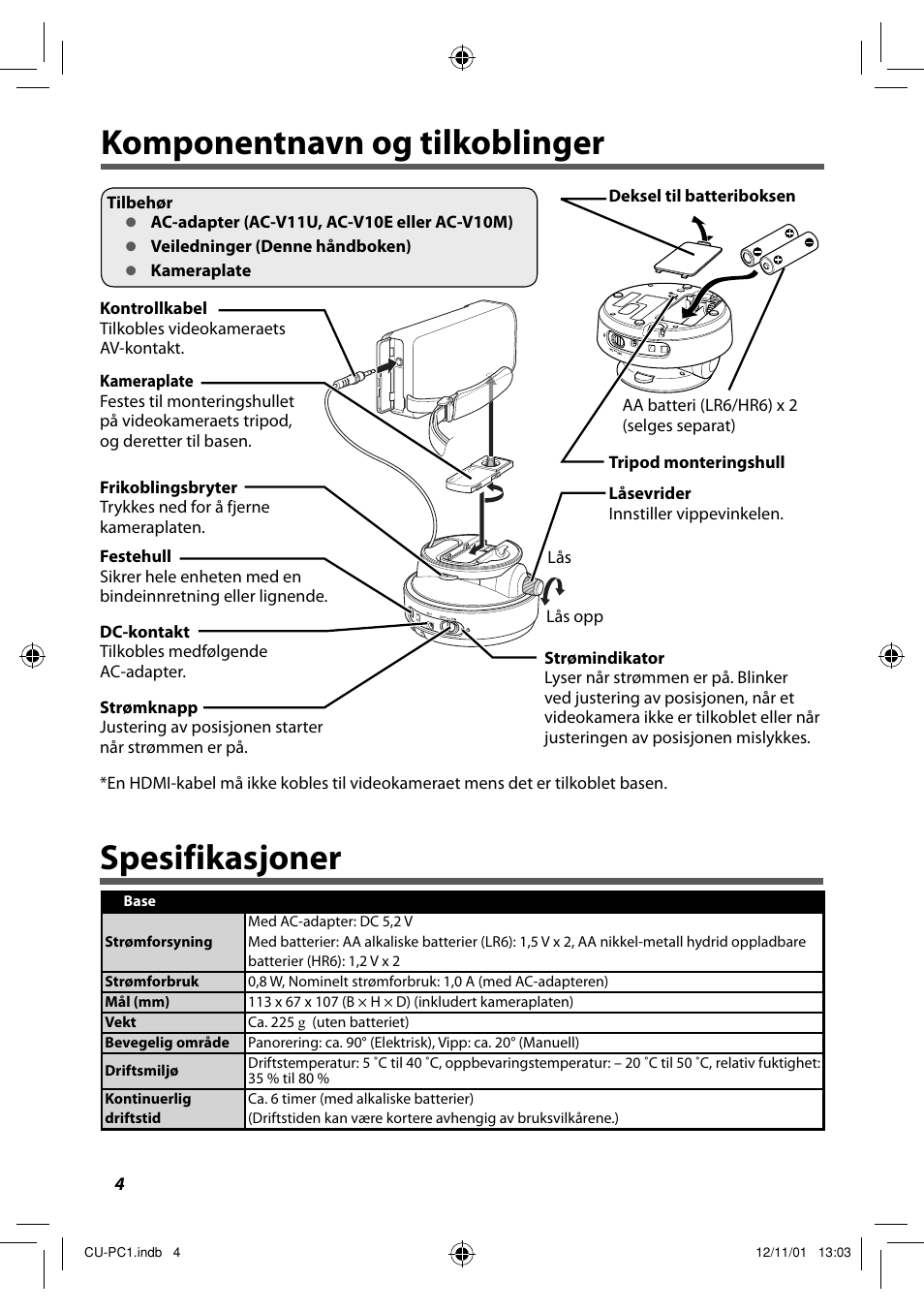 Komponentnavn og tilkoblinger, Spesifikasjoner, Komponentnavn og tilkoblinger spesifikasjoner | JVC CU-PC1 User Manual | Page 50 / 96