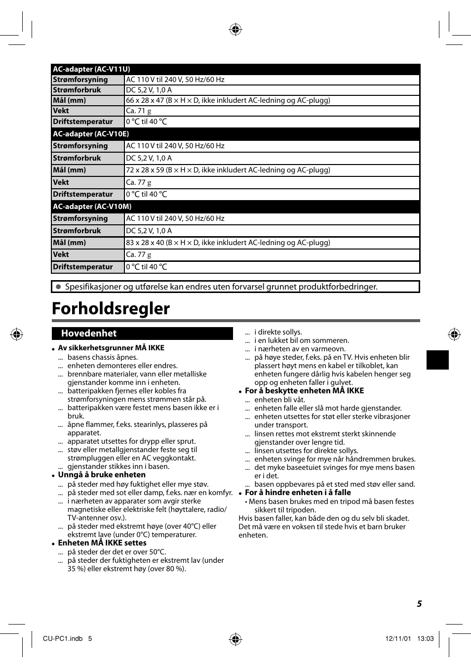 Forholdsregler, Hovedenhet | JVC CU-PC1 User Manual | Page 51 / 96