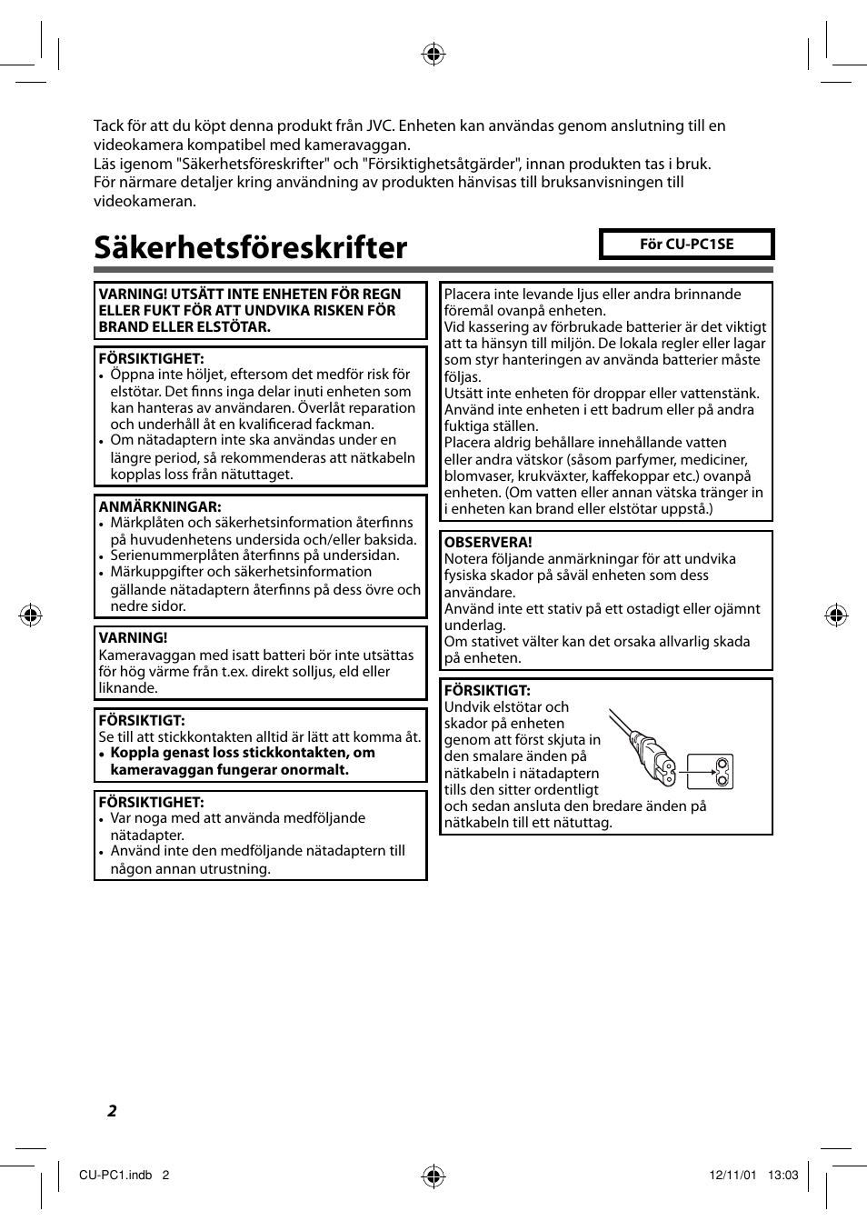 Svenska, Säkerhetsföreskrifter | JVC CU-PC1 User Manual | Page 52 / 96