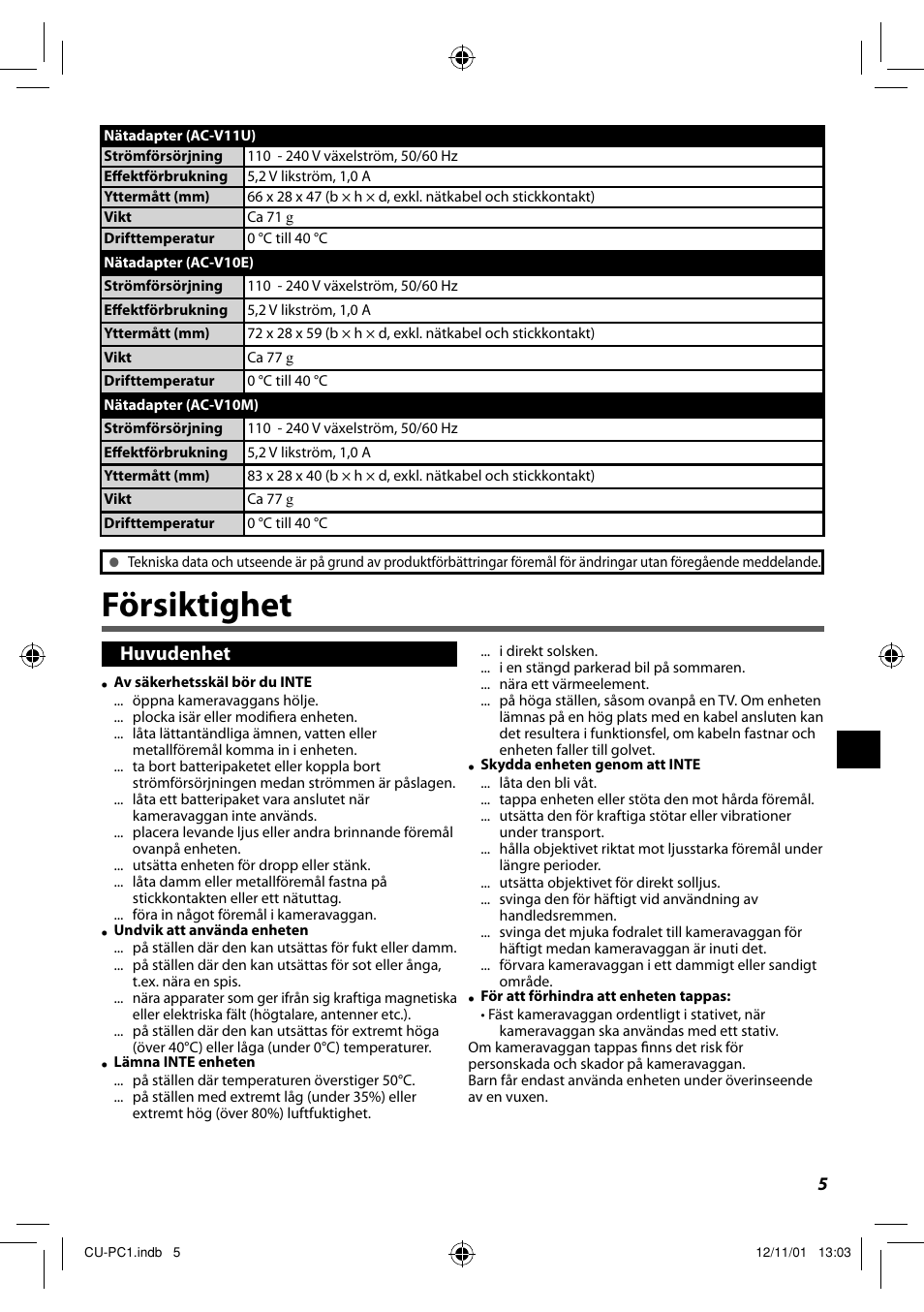 Försiktighet, Huvudenhet | JVC CU-PC1 User Manual | Page 55 / 96