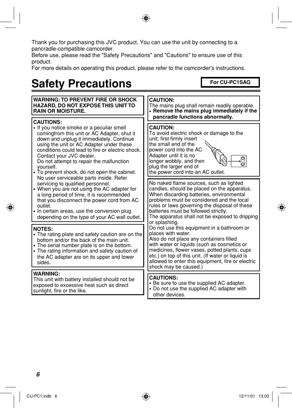 Safety precautions | JVC CU-PC1 User Manual | Page 6 / 96